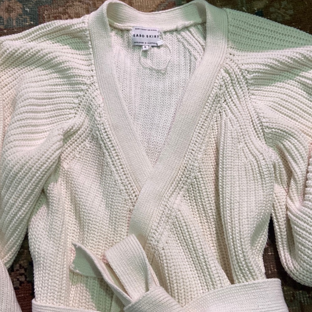 Sabo Skirt white belted chunky knit sweater size S